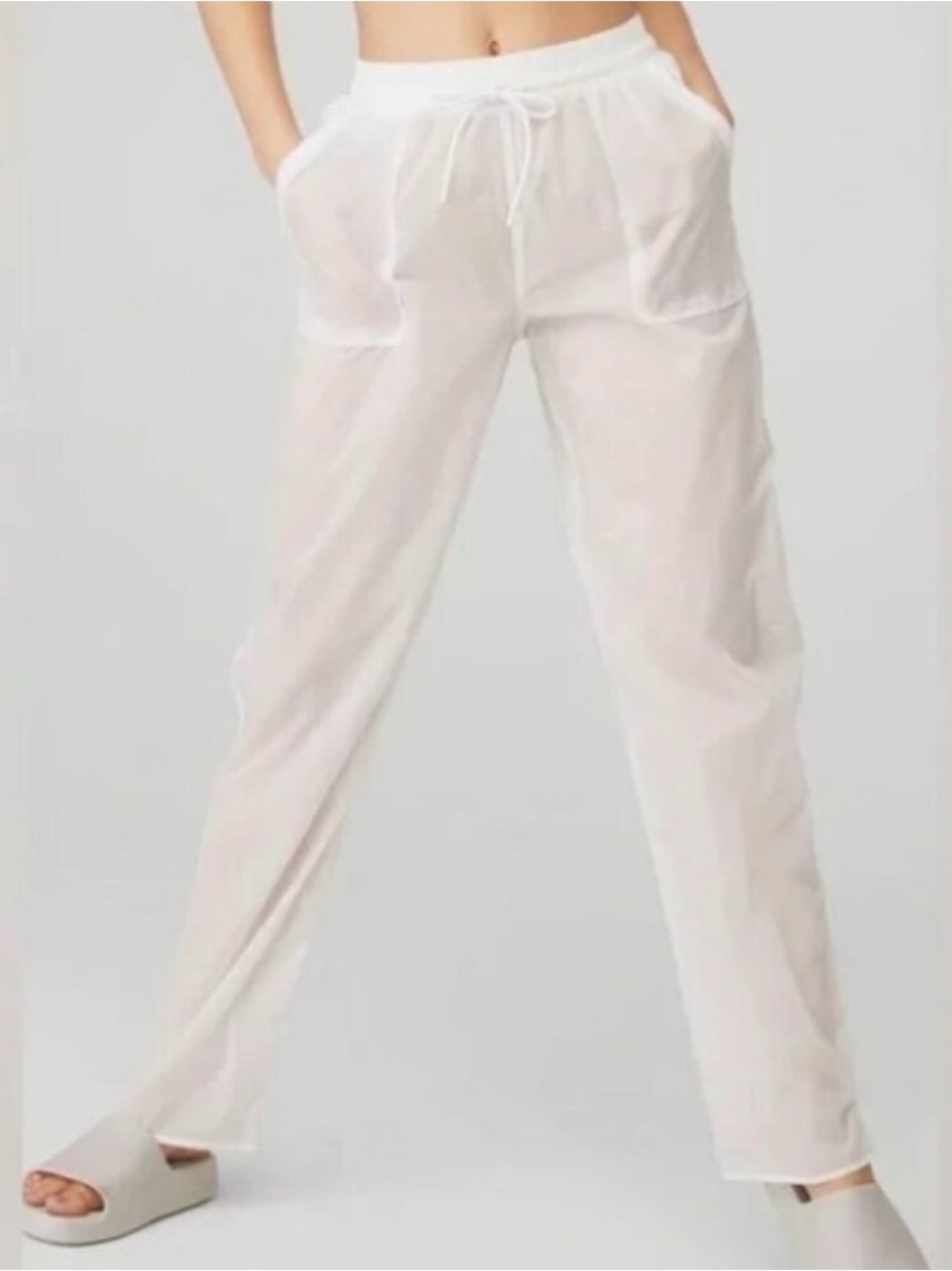Alo Yoga White Cloud Nine Nylon Sheer Wide Leg Drawstring Beach Pants